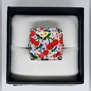 Oversized Cherry Pattern Silver Tone Statement Ring Vintage Inspired